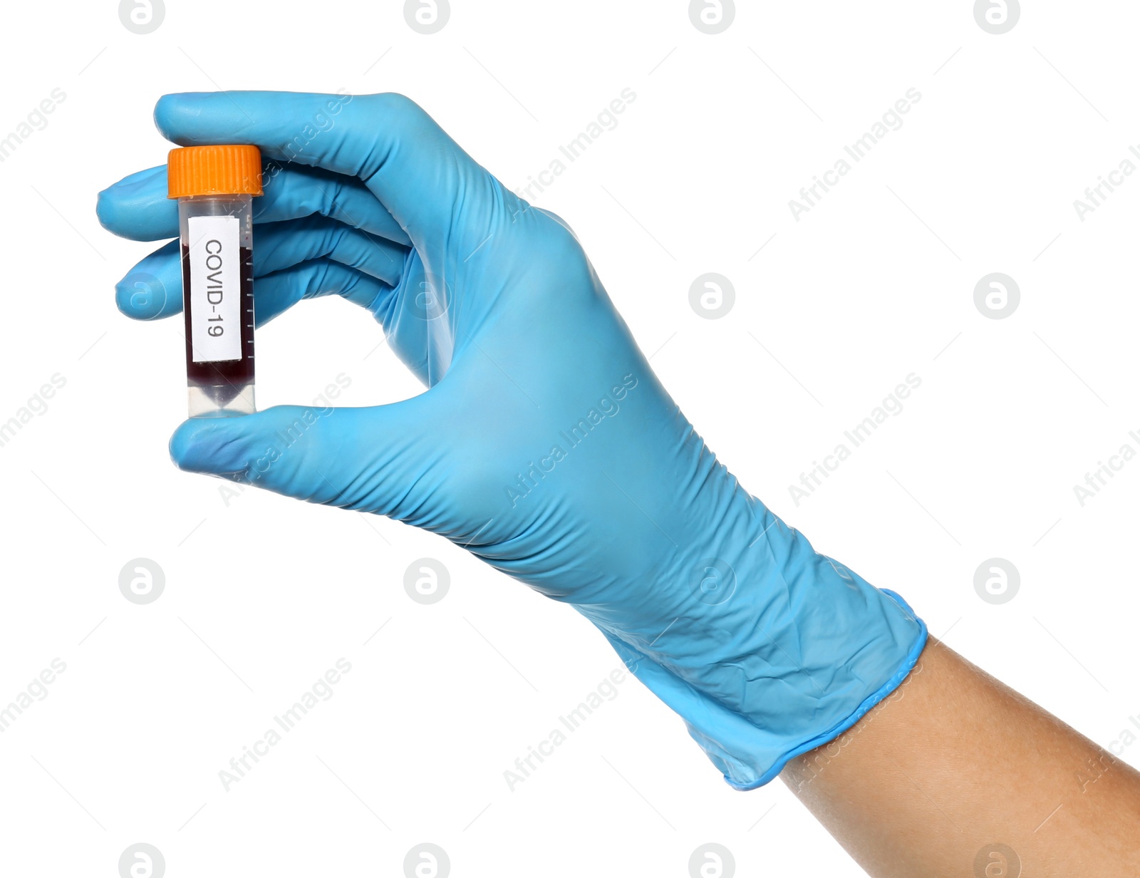 Photo of Scientist in protective gloves holding test tube with blood sample and label Covid-19 on white background, closeup