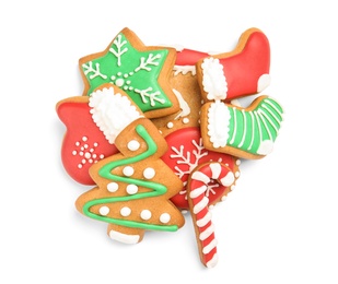 Photo of Tasty homemade Christmas cookies on white background