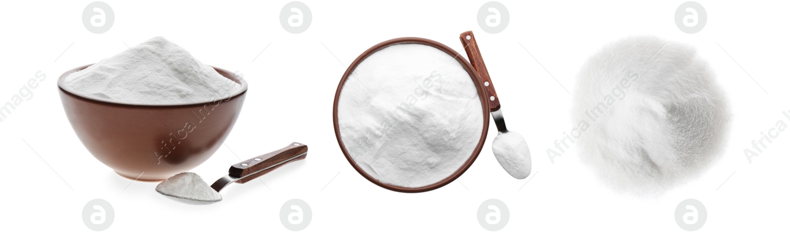 Image of Set with baking soda on white background. Banner design