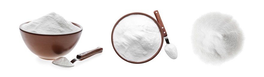 Image of Set with baking soda on white background. Banner design