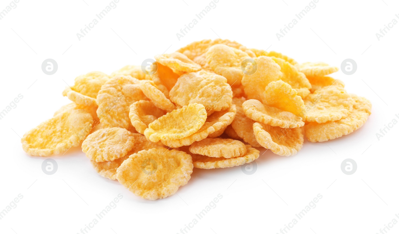 Photo of Pile of tasty corn flakes on white background