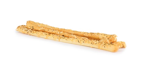 Photo of Fresh delicious grissini sticks on white background