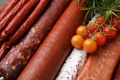 Different types of tasty sausages, tomatoes and rosemary as background, closeup