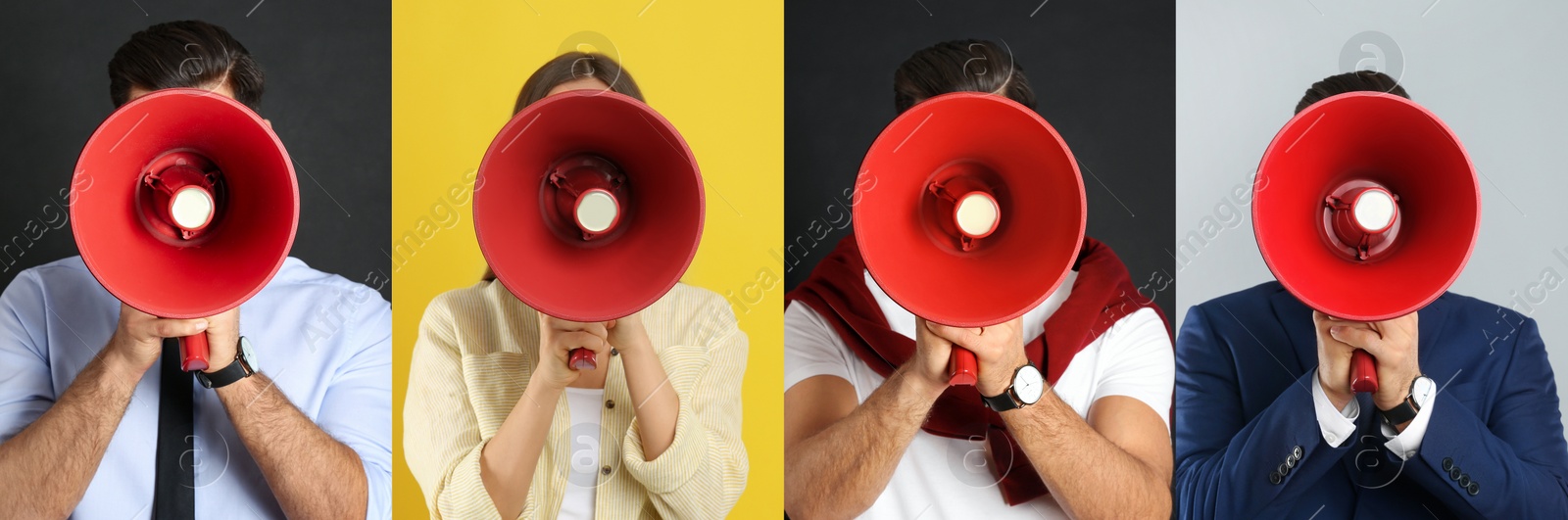 Image of Collage of people with megaphones on color backgrounds. Banner design 