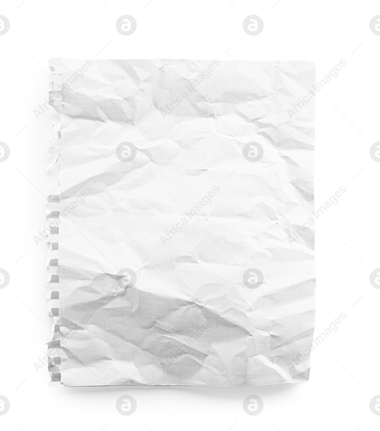 Photo of Crumpled blank notebook sheet isolated on white, top view