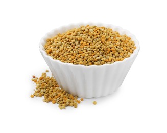 Fresh bee pollen granules in bowl isolated on white