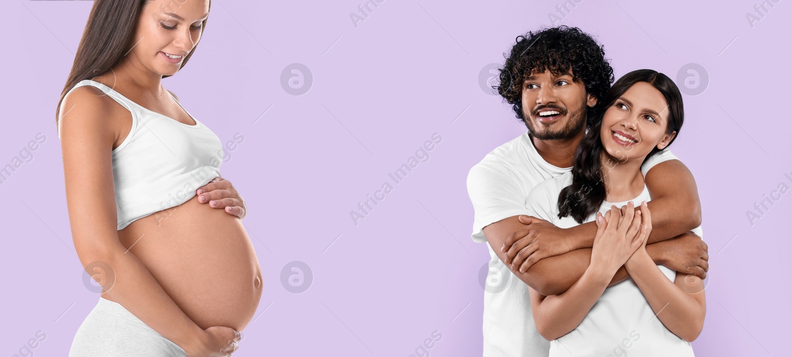 Image of Surrogate mother and intended parents on lavender background. Banner design