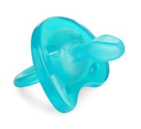 Photo of One turquoise baby pacifier isolated on white