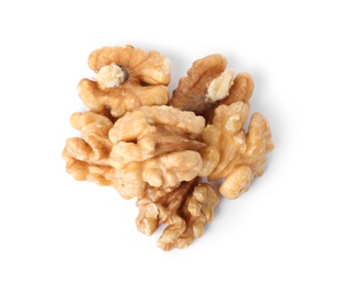 Heap of tasty walnuts on white background, top view