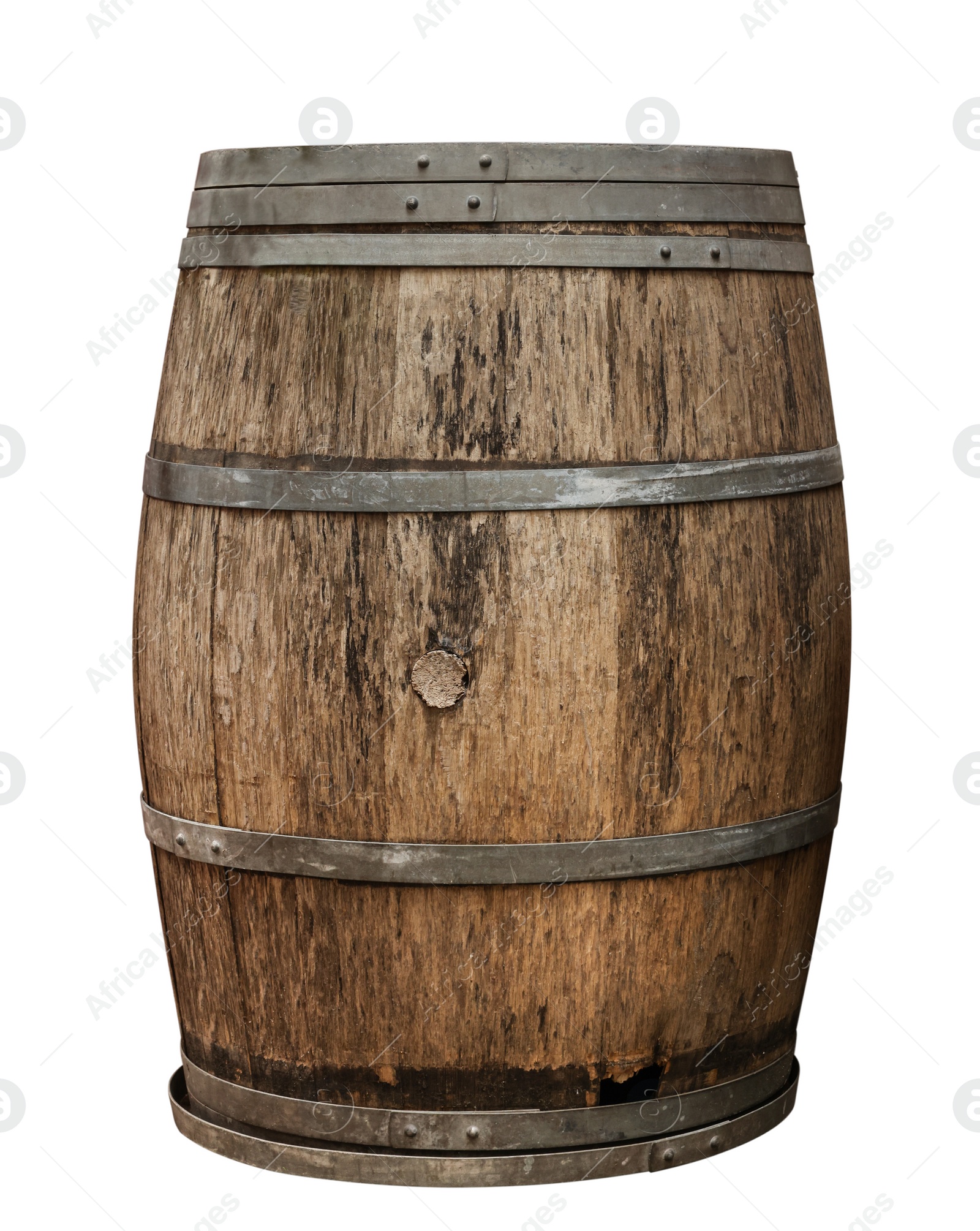 Image of One wooden barrel with metal hoops isolated on white