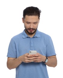 Handsome man using smartphone on white background
