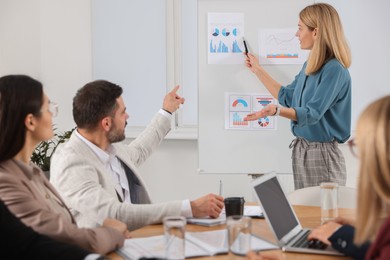 Businesswoman showing charts near flipchart on meeting in office
