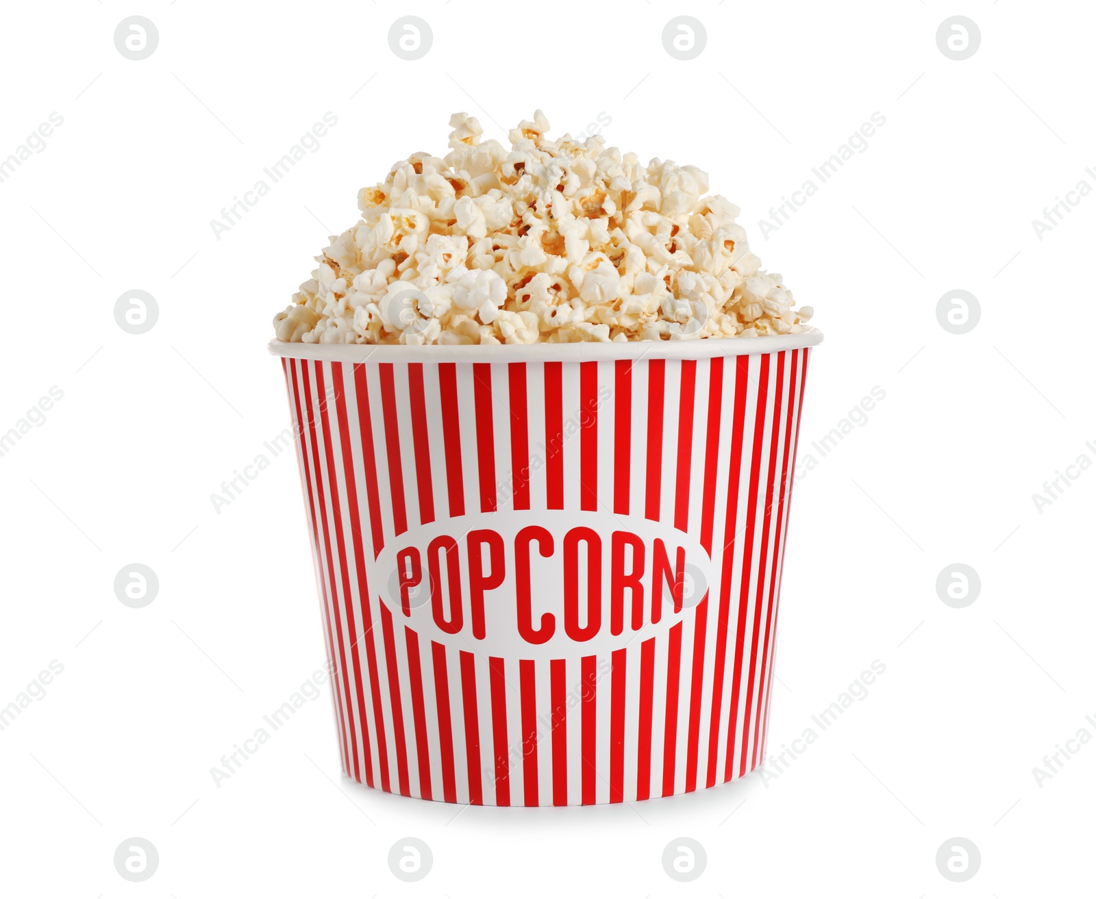 Photo of Delicious popcorn in paper bucket isolated on white