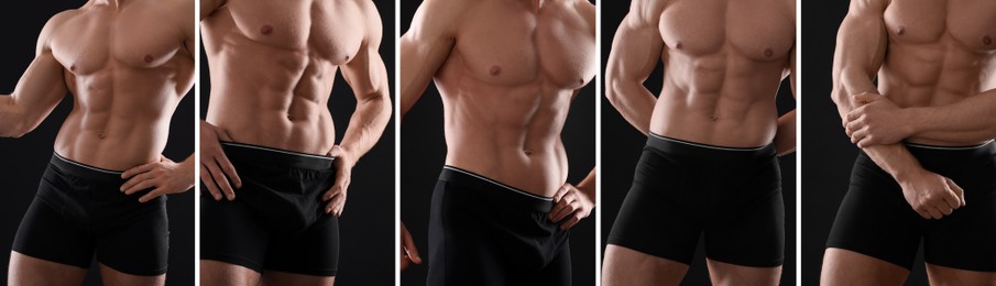 Image of Muscular man in stylish underwear on black background, closeup. Collection of photos