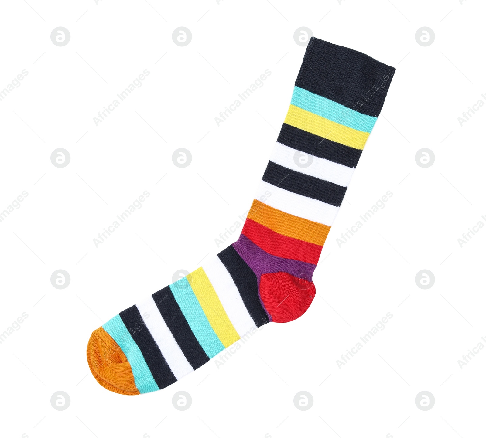 Photo of Colorful sock on white background, top view