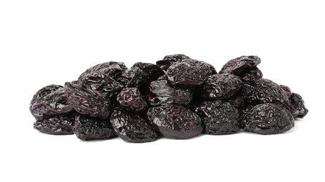 Pile of sweet dried prunes on white background