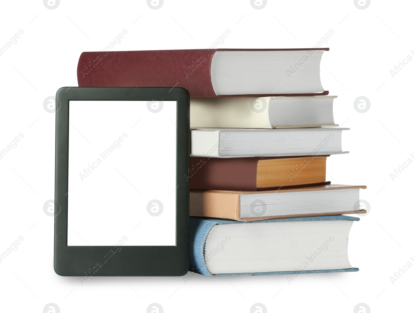 Photo of Modern e-book and stack of hardcover books isolated on white