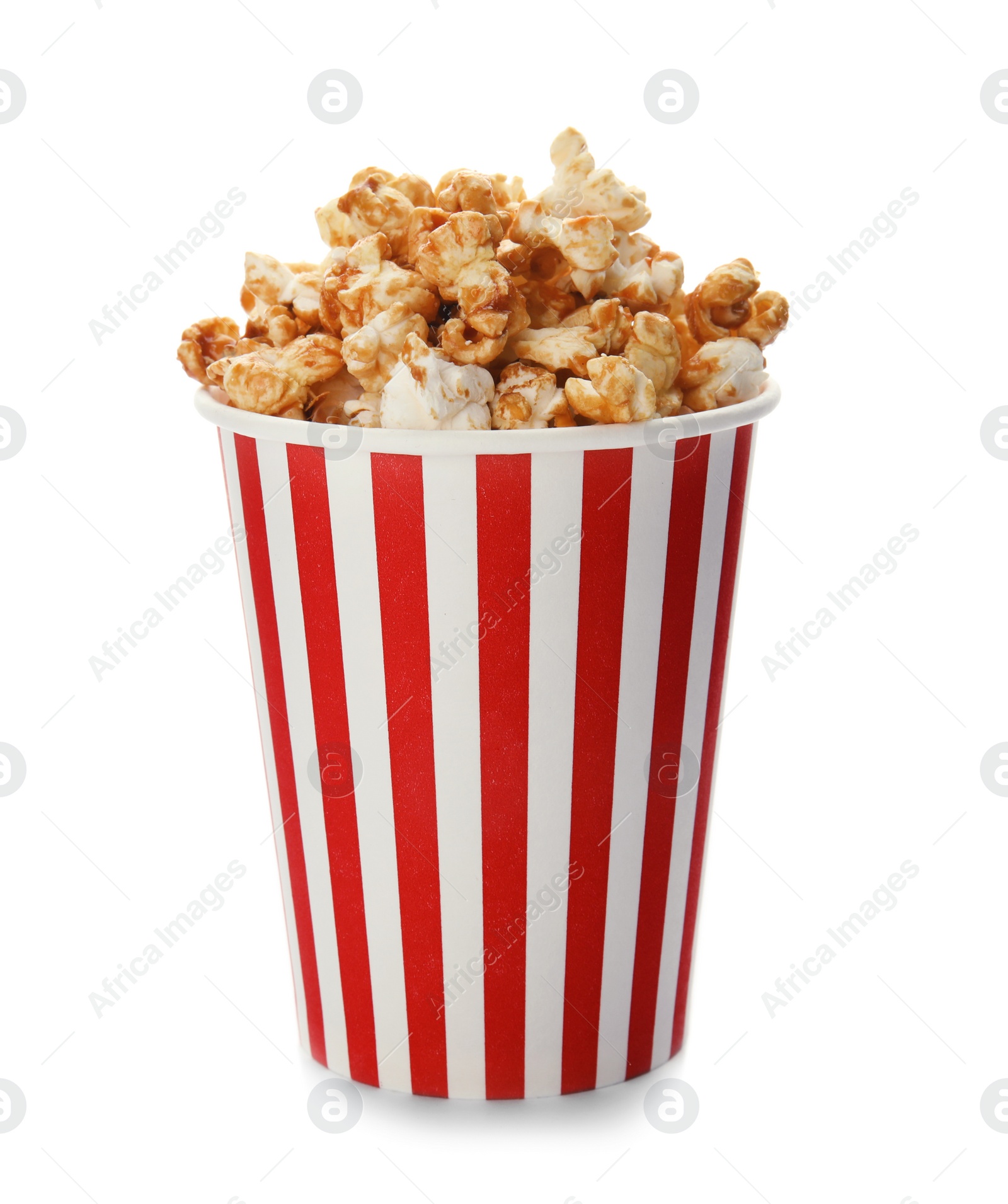 Photo of Carton cup with delicious fresh popcorn on white background