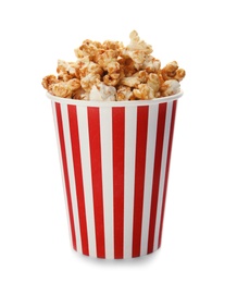 Carton cup with delicious fresh popcorn on white background