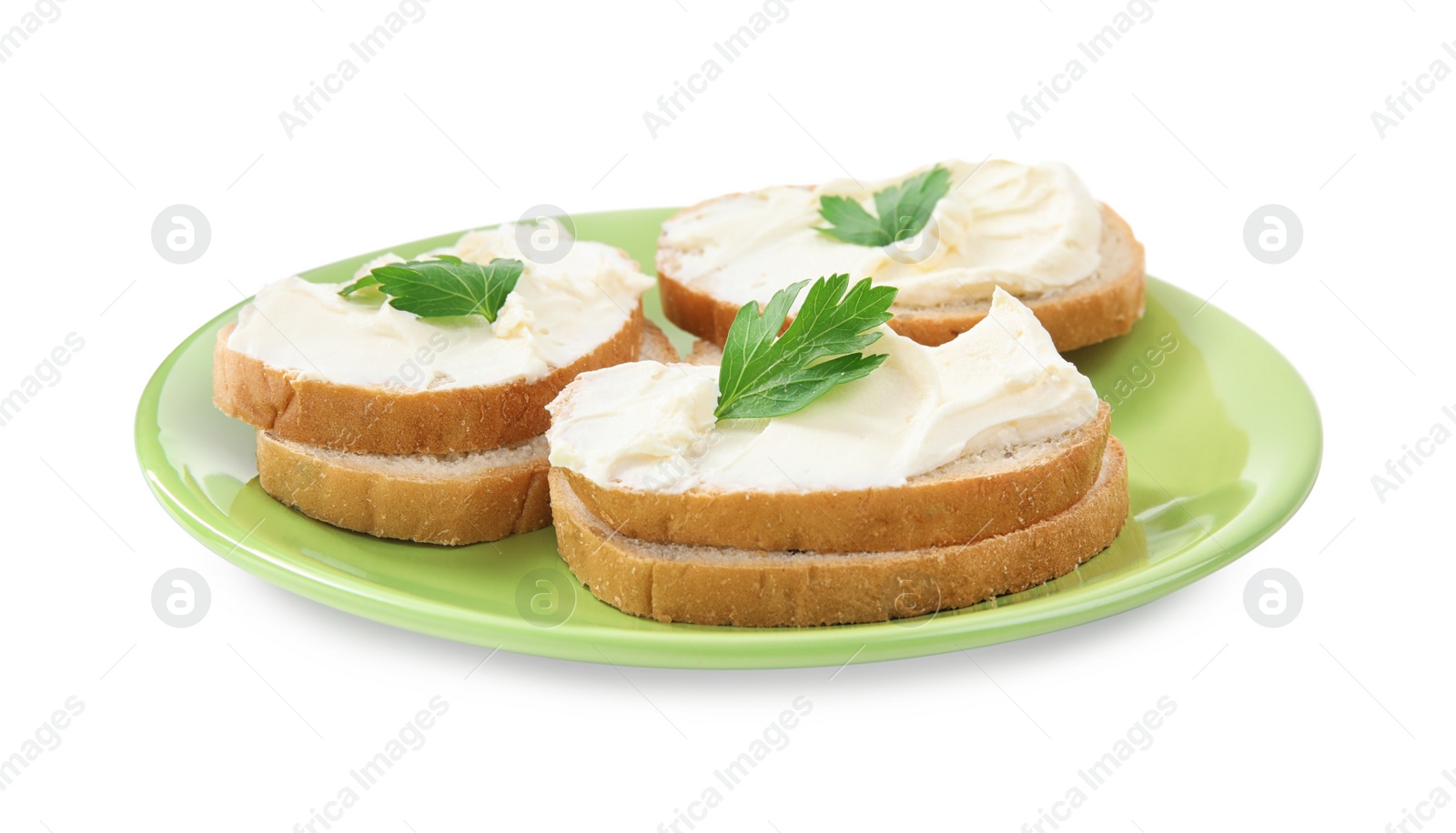 Photo of Bread with cream cheese and parsley on white background