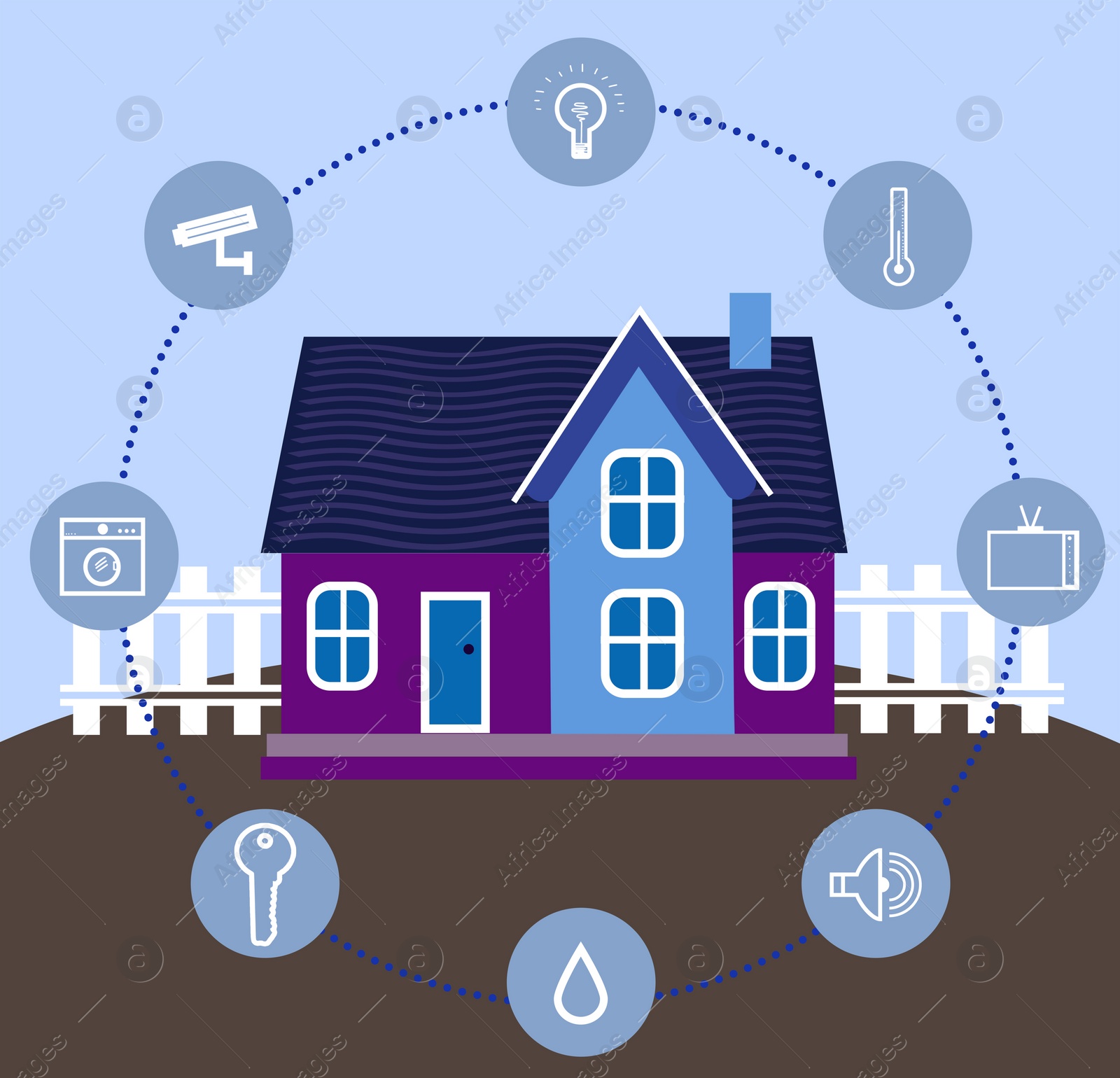 Image of Illustration of smart home technology with automatic systems and icons on color background