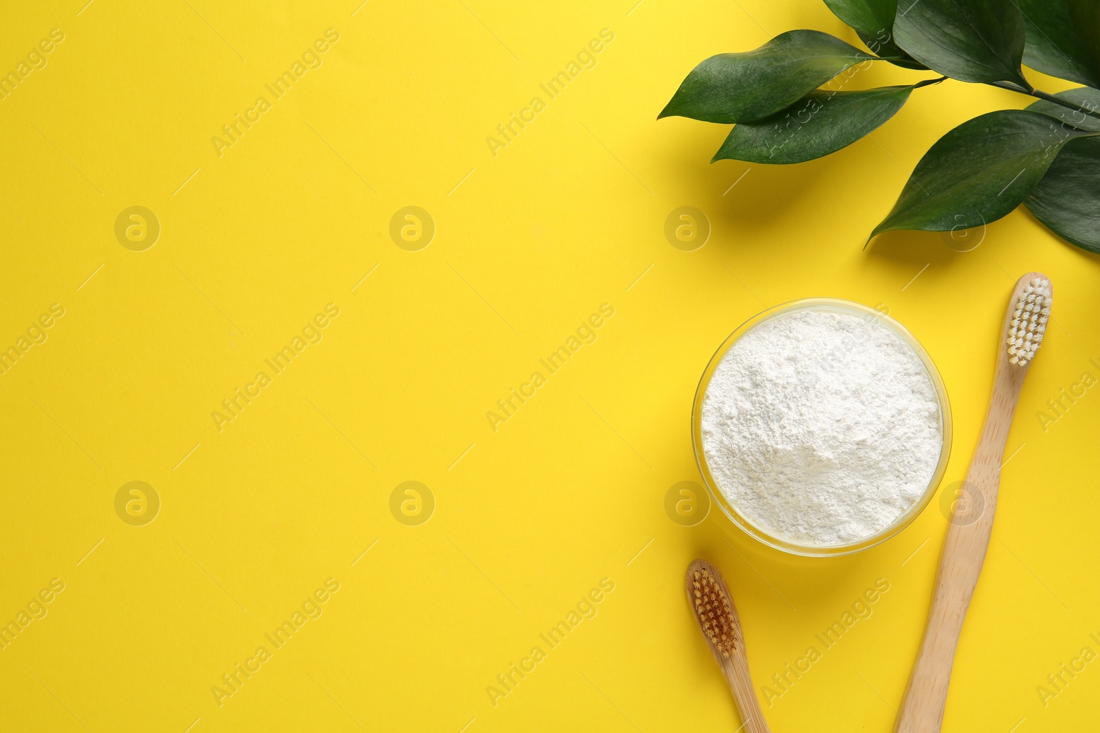 Photo of Bowl of tooth powder, brushes and plant on yellow background, flat lay. Space for text