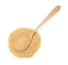 Pile of brown sugar and wooden spoon isolated on white, top view