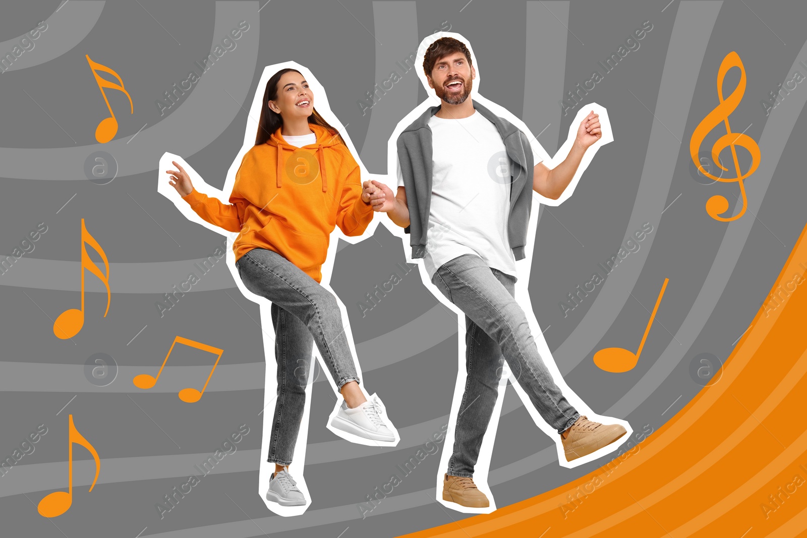 Image of Happy couple dancing on bright background. Creative collage with stylish man and woman. Concept of music, party, fashion, lifestyle