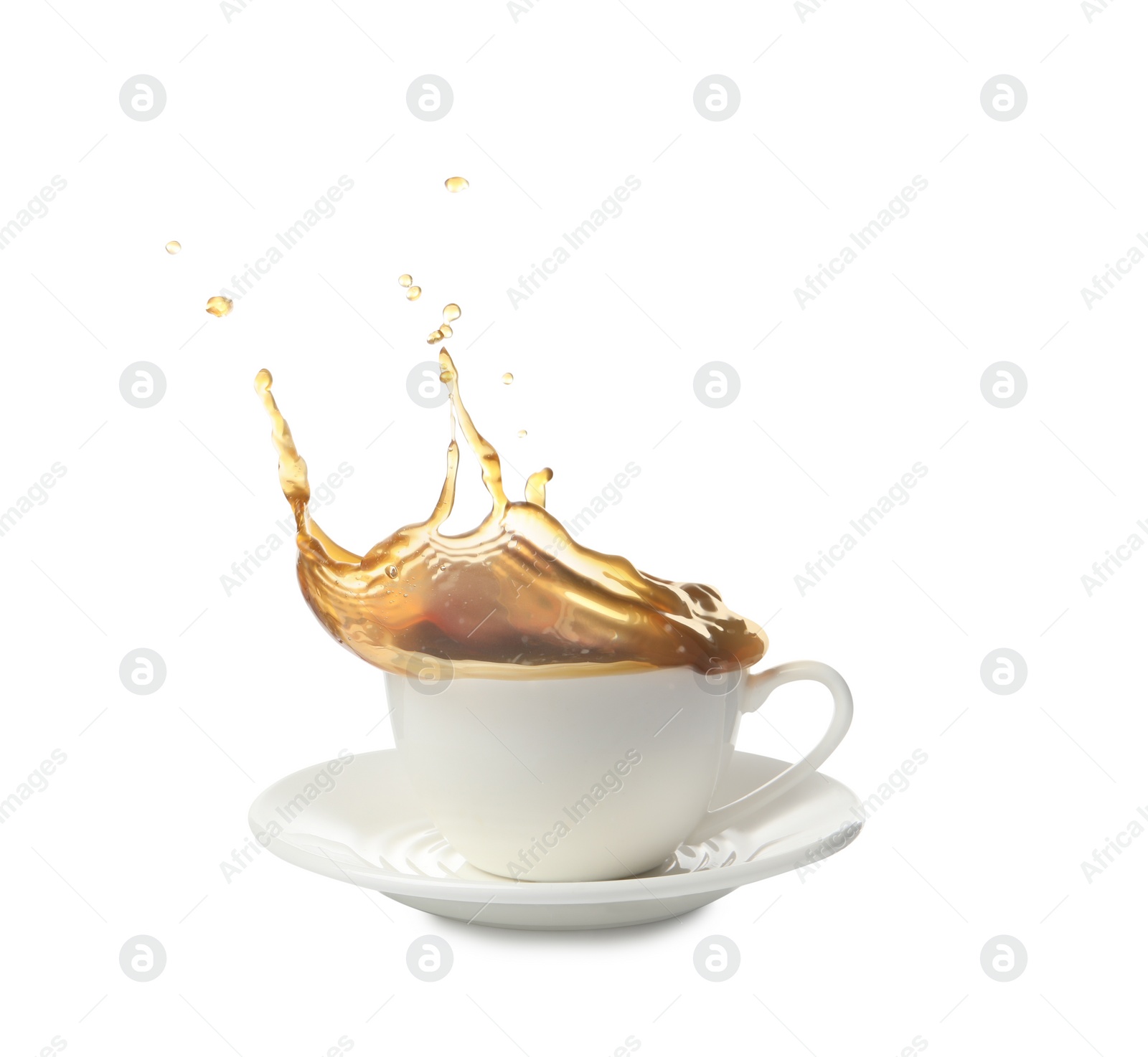 Photo of Cup with splashing coffee isolated on white