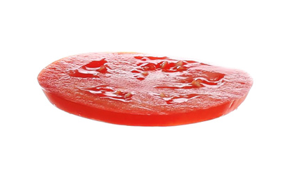 Photo of Juicy tomato slice isolated on white. Sandwich ingredient