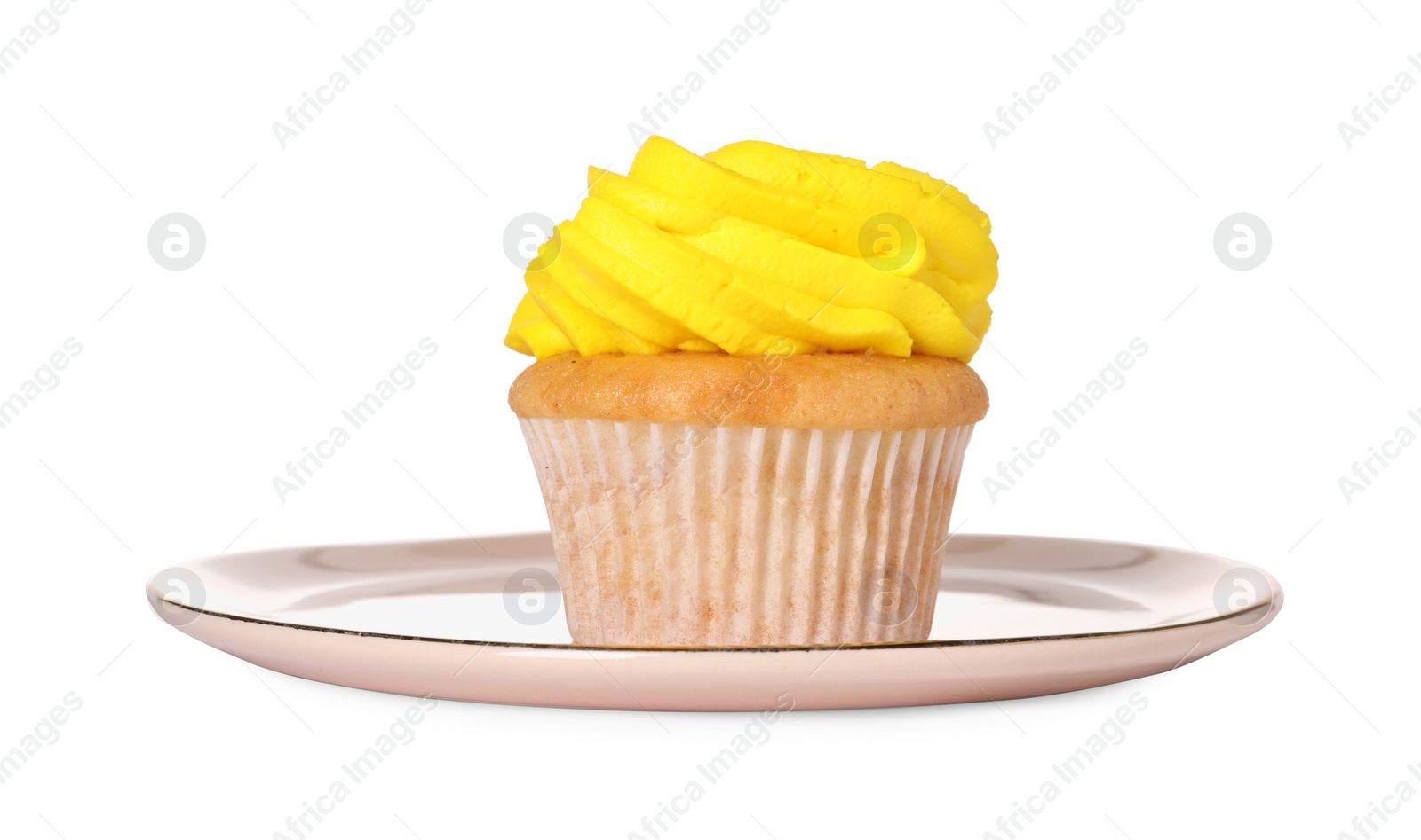 Photo of Delicious cupcake with bright cream isolated on white