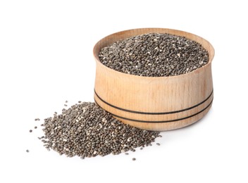 Photo of Chia seeds and wooden bowl on white background