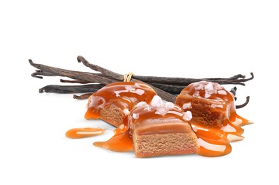 Image of Delicious salted caramel with sauce and vanilla pods isolated on white