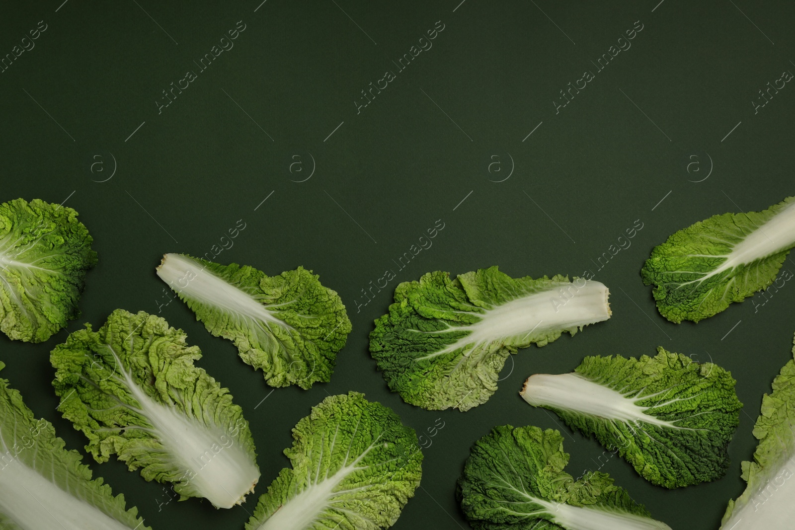 Photo of Fresh ripe leaves of Chinese cabbage on green background, flat lay. Space for text