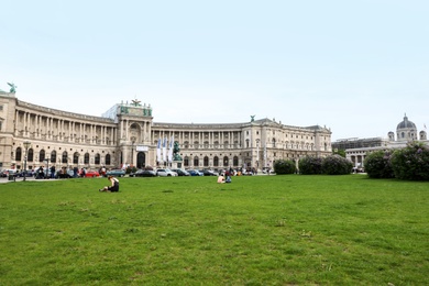 VIENNA, AUSTRIA - APRIL 26, 2019: Beautiful view of Heldenplatz near Hofburg Palace