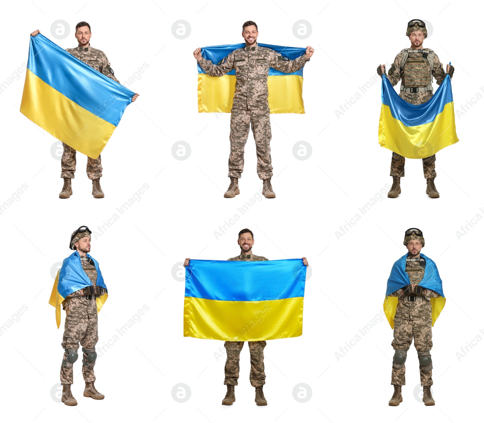 Image of Collage with photos of soldier wearing military uniform with Ukrainian flag on white background