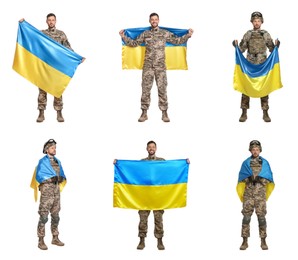 Collage with photos of soldier wearing military uniform with Ukrainian flag on white background