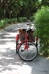 Photo of Red bicycle with basket parked on path