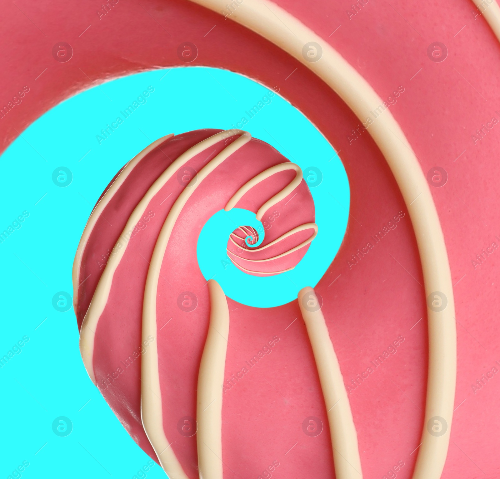 Image of Twisted donut with strawberry icing and topping on cyan background, spiral effect