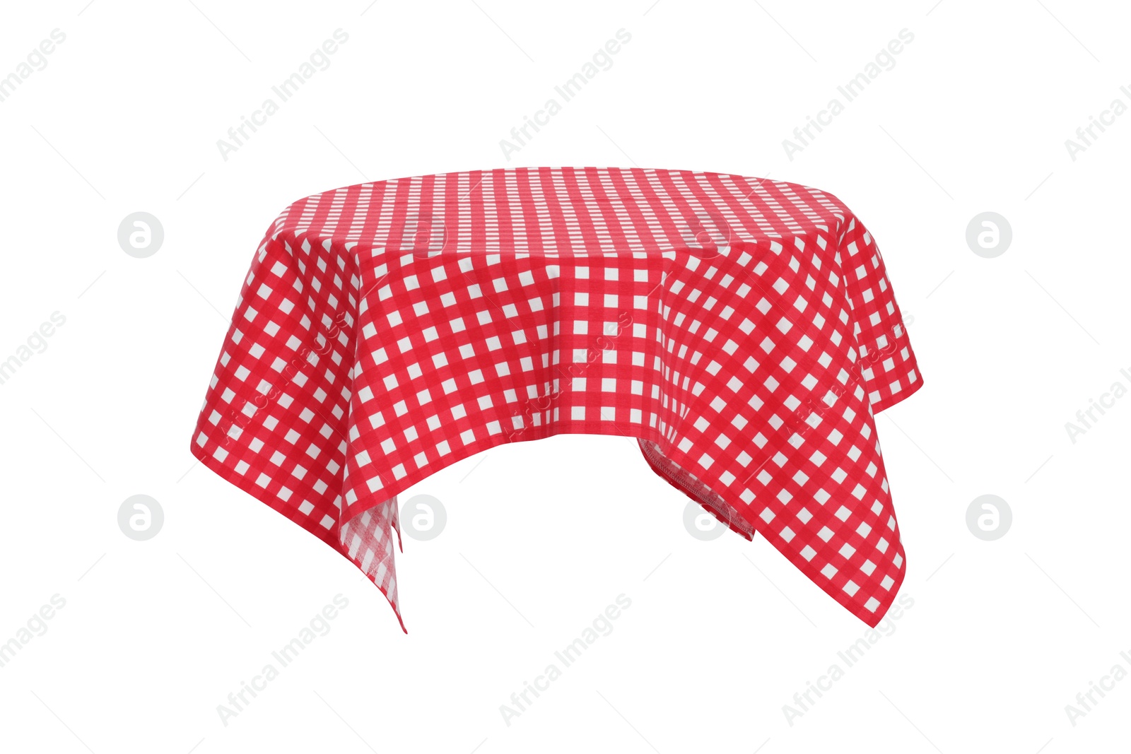 Photo of Table with checkered tablecloth isolated on white