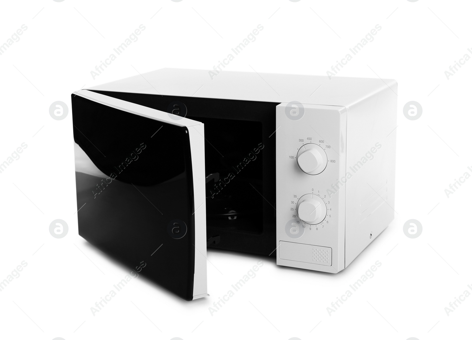 Photo of Open modern microwave oven on white background. Kitchen appliance