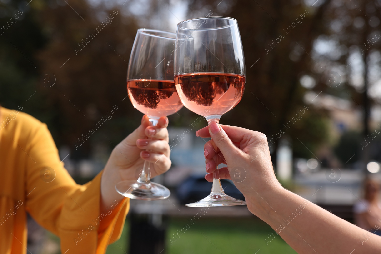 Photo of Women clinking glasses with rose wine outdoors, closeup