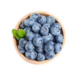 Photo of Fresh ripe blueberries in wooden bowl on white background, top view