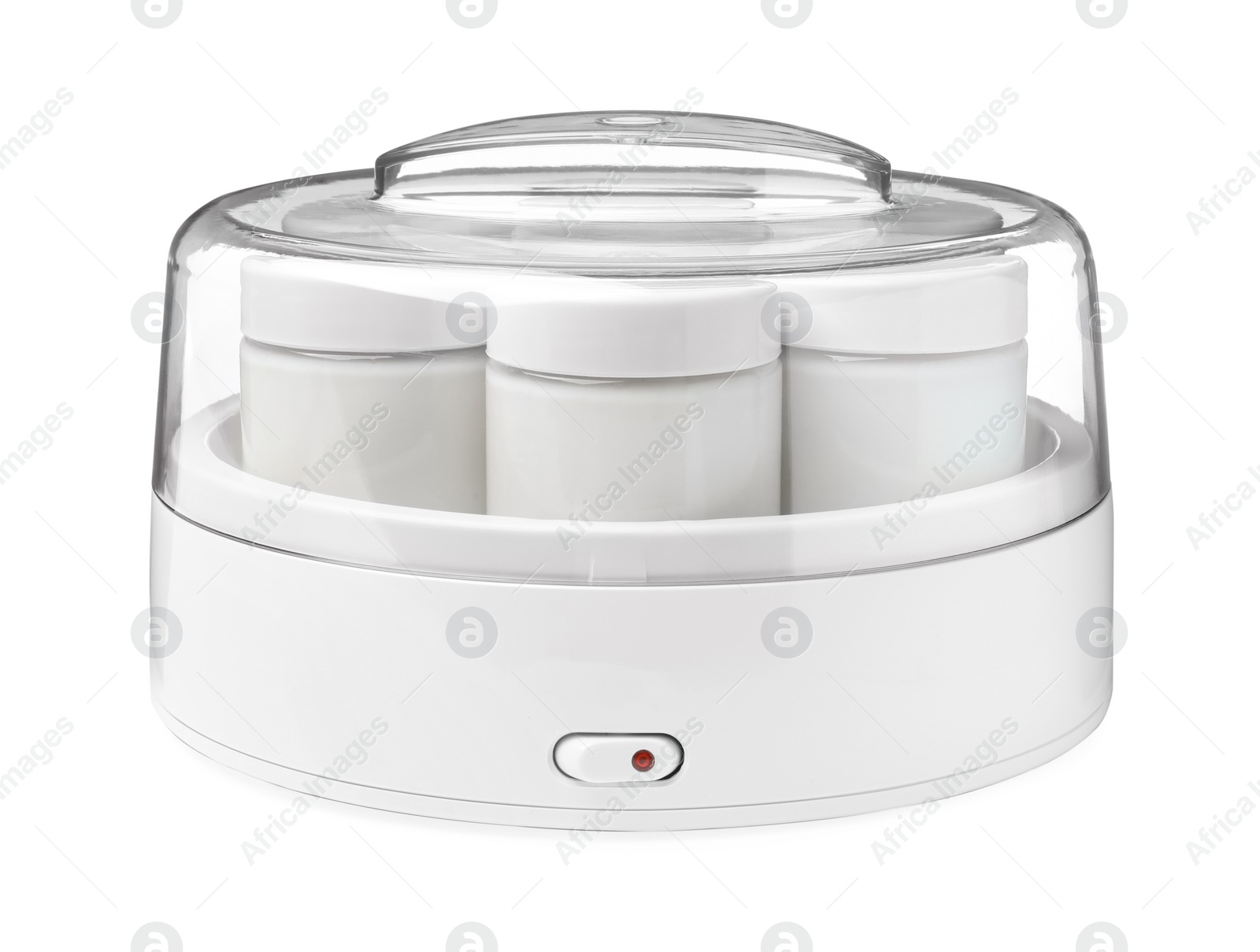 Photo of Modern yogurt maker with full jars on white background