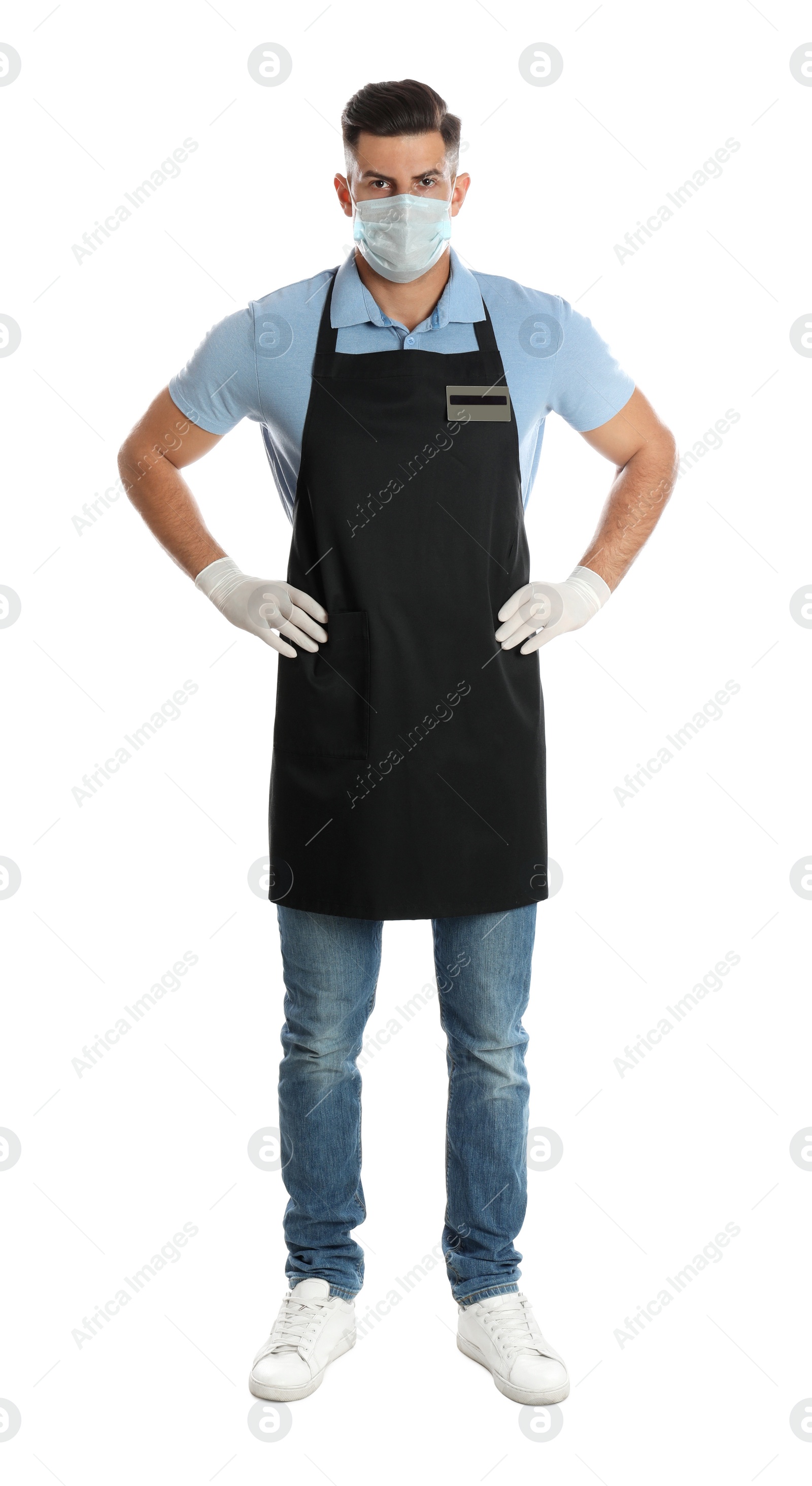 Photo of Waiter wearing medical face mask on white background