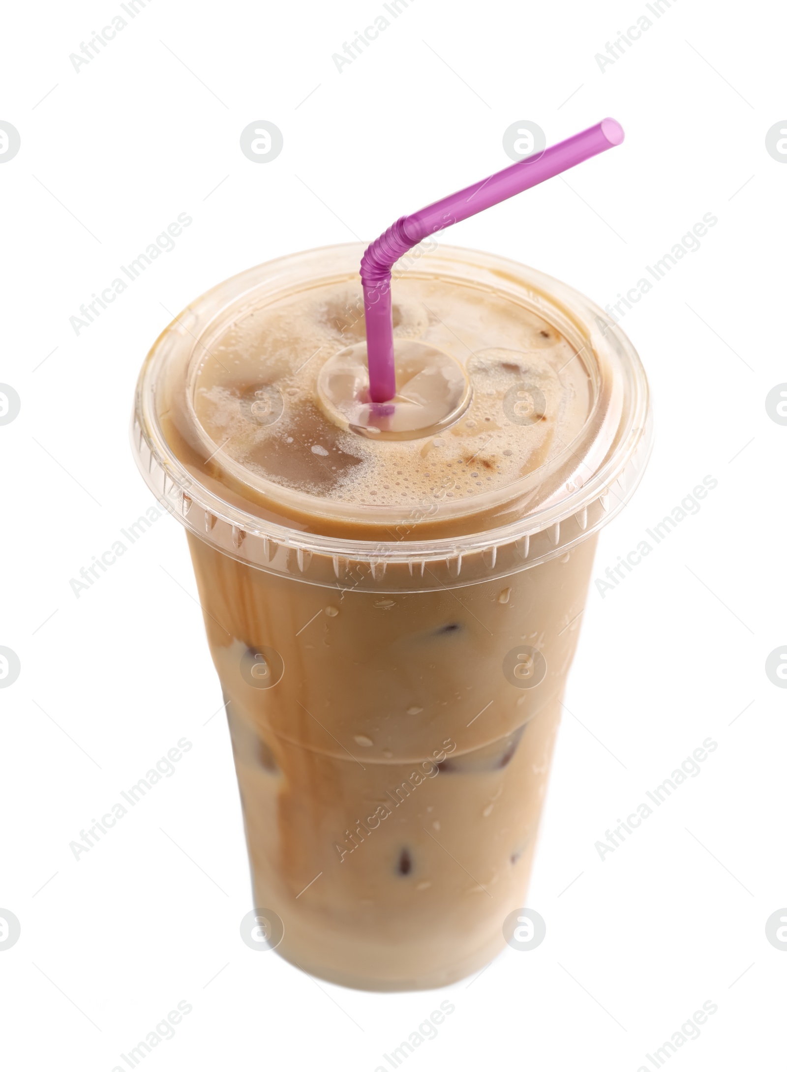 Photo of Takeaway plastic cup with cold coffee drink and straw on white background