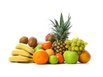 Set of fresh tropical fruits on white background