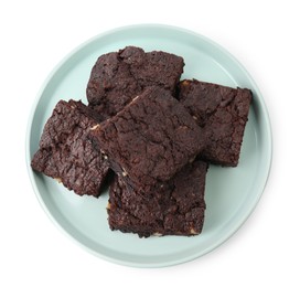 Delicious chocolate brownies with nuts on white background, top view