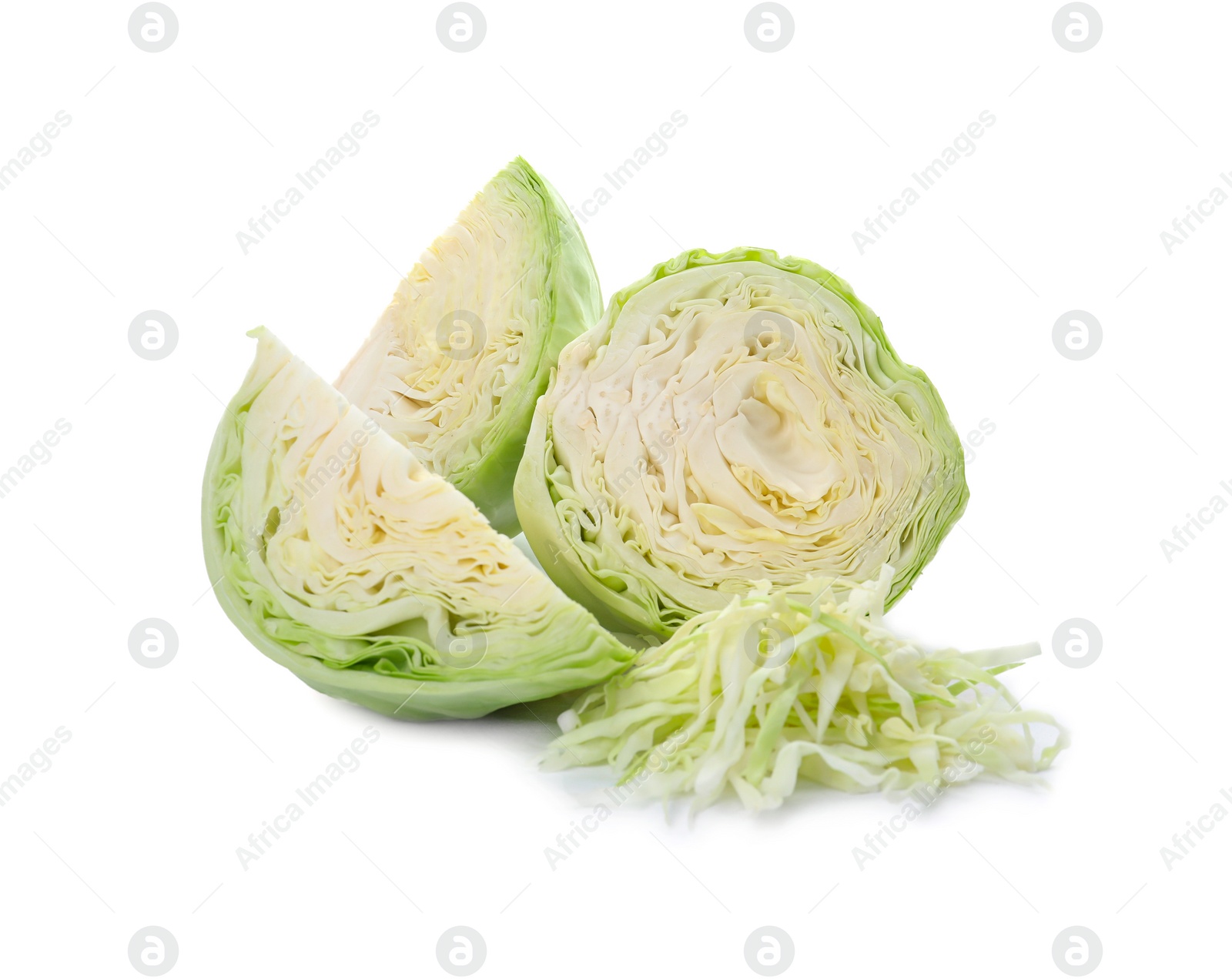 Photo of Cut fresh ripe cabbage on white background