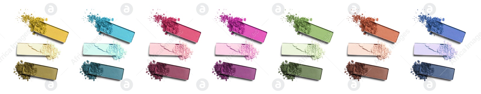 Image of Set of different crushed eye shadows on white background, top view. Bright palette